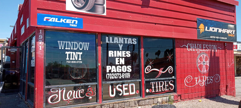Charleston Tires iconic red shop front on E Charleston Blvd